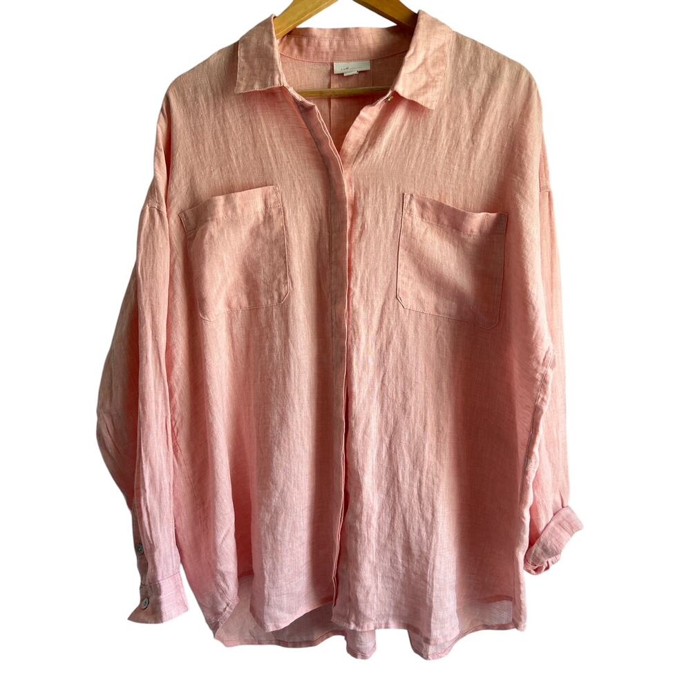 J. Jill Love‎ Linen Size Large Petite 100% Linen Button Up Shirt Pink Salmon